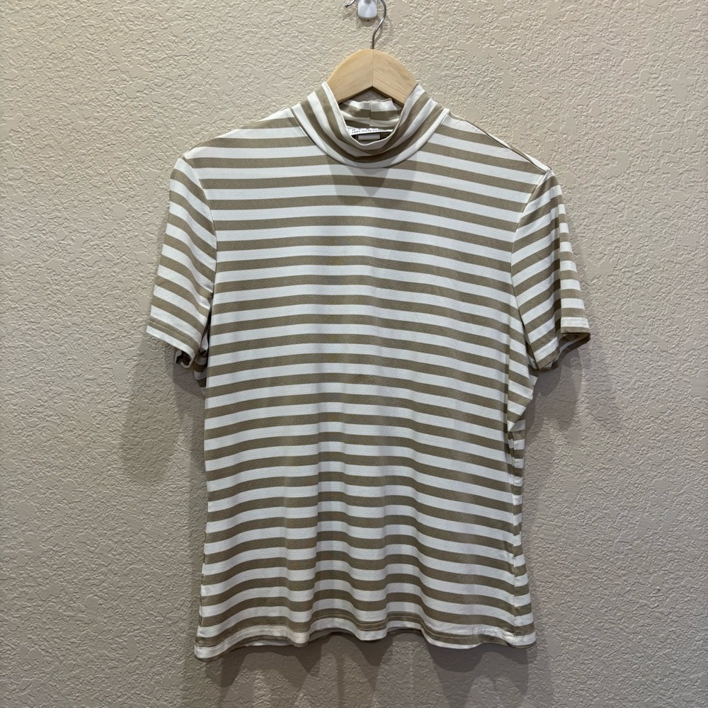 Vintage 90’s Saks Fifth Avenue Cream & Tan Striped Mock Neck Short Sleeve
